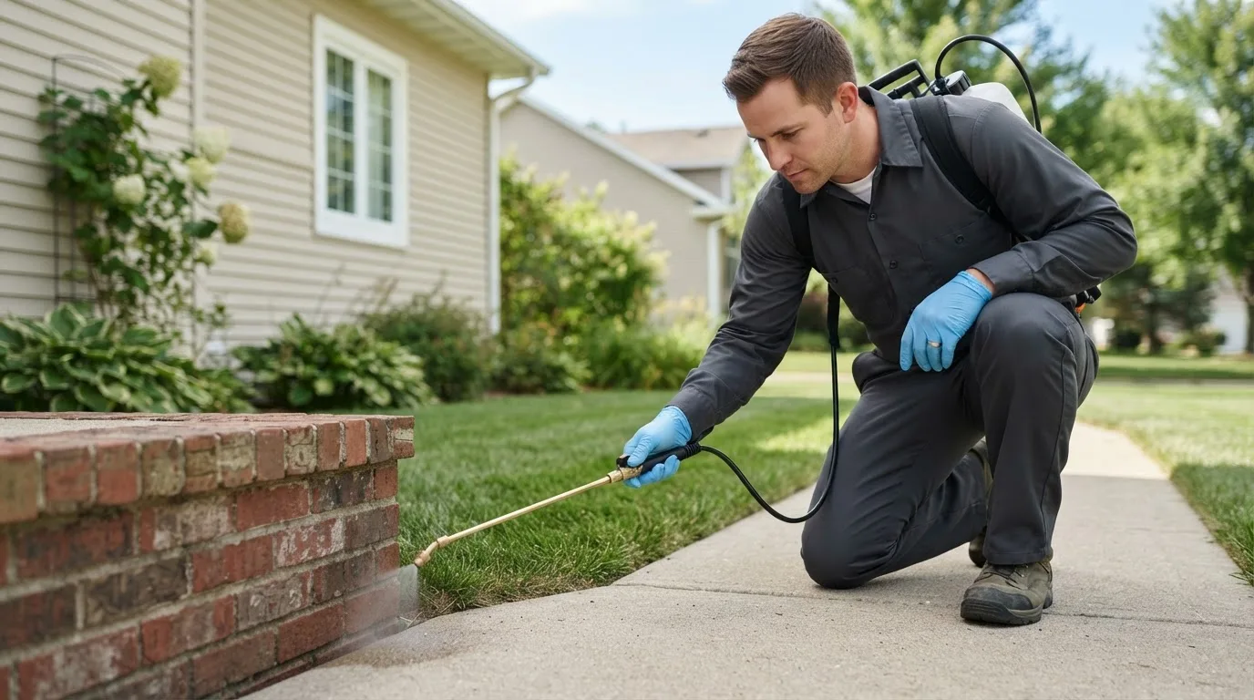 Pest control technician treating a home near Grottoes, VA